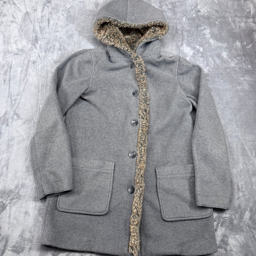 J. Jill Jacket Womens XS Gray Fleece Hooded Coat Faux Fur Trim Button Front